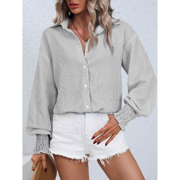 Womens Striped Button Long Sleeve Black Striped Oversized Collared Work Shirt - Picture 3 of 5